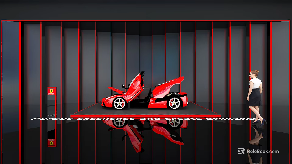 Red Ferrari Sports Car with Open Doors in Modern Showroom Shiny Black Floor 3d model 