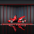 Red Ferrari Sports Car with Open Doors in Modern Showroom Shiny Black Floor
