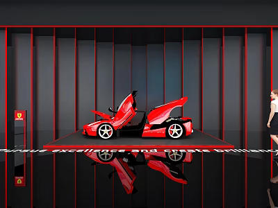 Red Ferrari Sports Car with Open Doors in Modern Showroom Shiny Black Floor 3d model