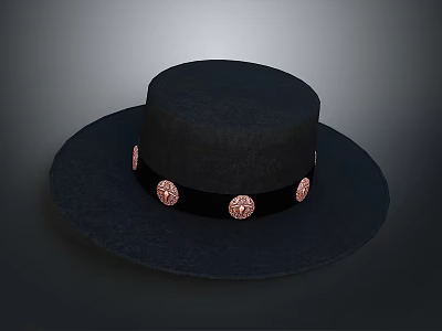 Classic Felt Black Hat With Wide Brim Black Band And Copper Circular Decorations 3d model