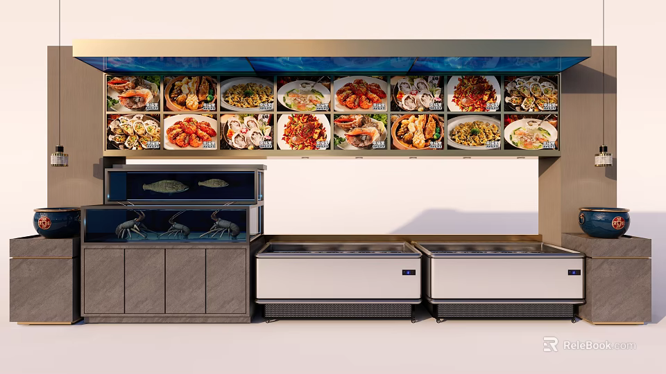 Commercial Freezers And Refrigerators Displaying Fresh Seafood And Meat Dishes 3d model 