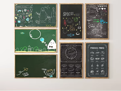 Hand Drawn Chalkboard Art with Pizza Tacos Space Themed Illustrations and Text 3d model