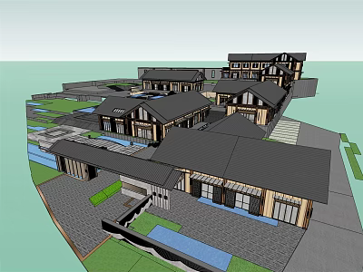 Traditional Style Commercial Street With Traditional Buildings Courtyards And Water Features 3d model