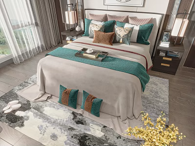 Cozy Double Bed With Colorful Pillows Blanket And Bedside Lamps 3d model