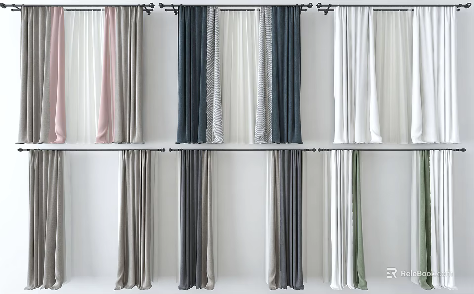 Soft Fabric Curtains In Various Colors And Styles For Home Window Decor 3d model 