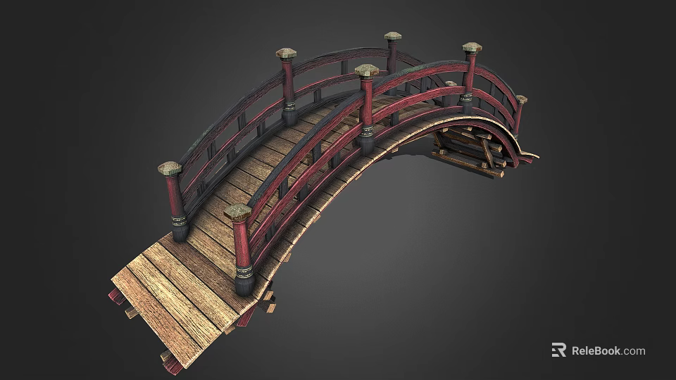 Traditional Arch Bridge Design With Red Railings And Wooden Deck 3d model 