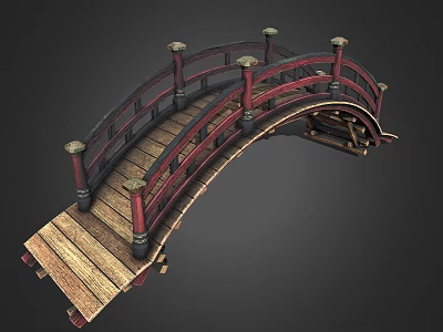Traditional Arch Bridge Design With Red Railings And Wooden Deck 3d model