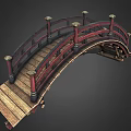 Traditional Arch Bridge Design With Red Railings And Wooden Deck