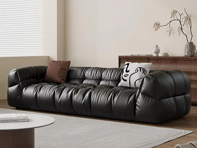 Modern Black Leather Sectional Sofa Interior With Round Coffee Table Decorative Pillows And Wooden Cabinet 3d model