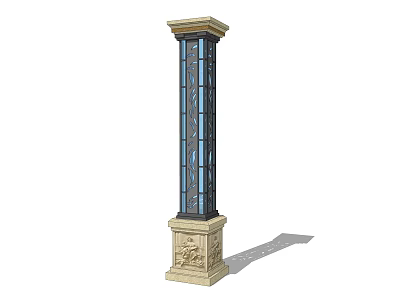 Outdoor Column Shaped Light With Blue Glass Panels And Ornate Base 3d model
