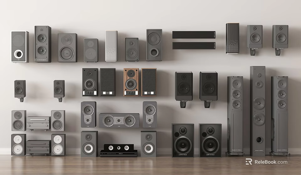 Various Modern Home Audio Speakers Display With Different Sizes Styles And Designs 3d model 