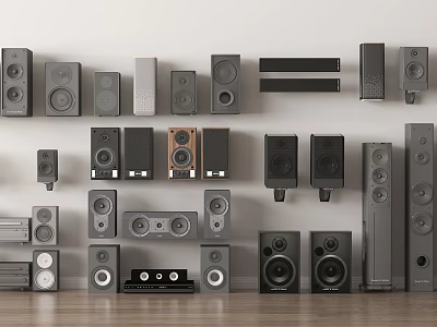 Various Modern Home Audio Speakers Display With Different Sizes Styles And Designs 3d model