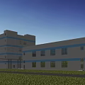 Blue And White Multi Story Industrial Factory Building With Lawn And Windows Under Blue Sky