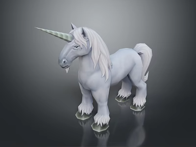 White Unicorn Figure With Long Mane And Shiny Horn Standing On Glossy Base 3d model