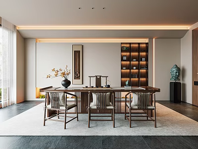 Traditional Chinese Tea Room Interior With Wooden Table Chairs And Tea Sets 3d model