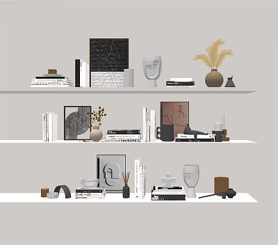 Modern Style Decorative Ornaments And Accessories Set On Shelves With Books Vases And Sculptures 3d model