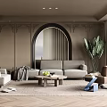 Modern Beige Living Room Interior With Arched Mirror Palm Plant And Wooden Coffee Table