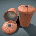 Three Terracotta Clay Pots With Textured Surface Lid And Overturned Container