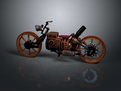 Vintage Steampunk Motorcycle With Rustic Wheels Red Seat And Mechanical Details 3d model