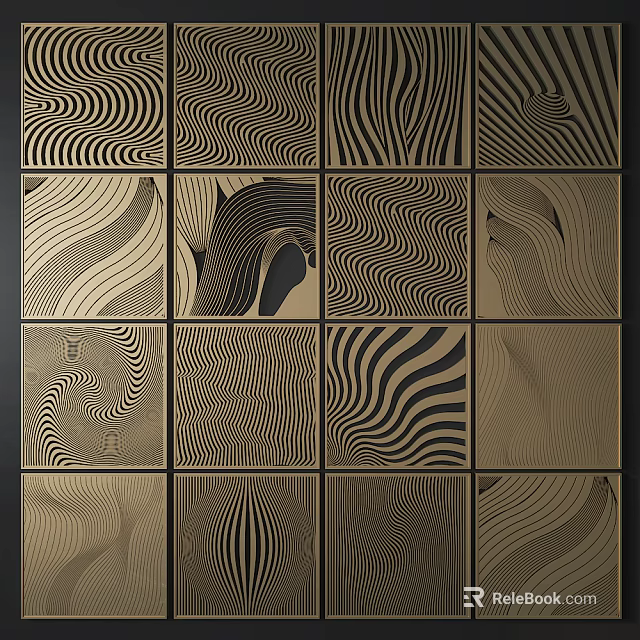 Decorative Gold Black Room Divider Featuring Multiple Wave Stripe Pattern Panels 3d model