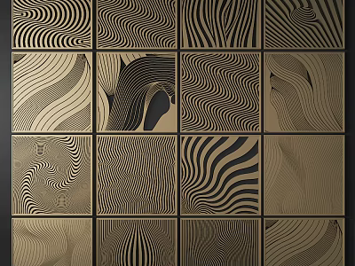 Decorative Gold Black Room Divider Featuring Multiple Wave Stripe Pattern Panels 3d model