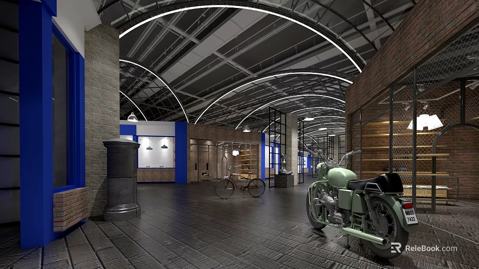 Industrial Interior Space With Arched Metal Ceiling Brick Walls Vintage Motorcycle And Bicycle 3d model 
