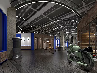 Industrial Interior Space With Arched Metal Ceiling Brick Walls Vintage Motorcycle And Bicycle 3d model