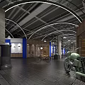 Industrial Interior Space With Arched Metal Ceiling Brick Walls Vintage Motorcycle And Bicycle
