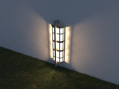 Outdoor Wall Mounted Light With Glass Panels Illuminating Exterior Grass Area 3d model