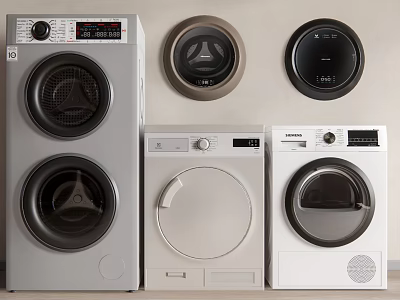 Various Modern Washing Machines in Gray and White with Different Front Panel Designs 3d model