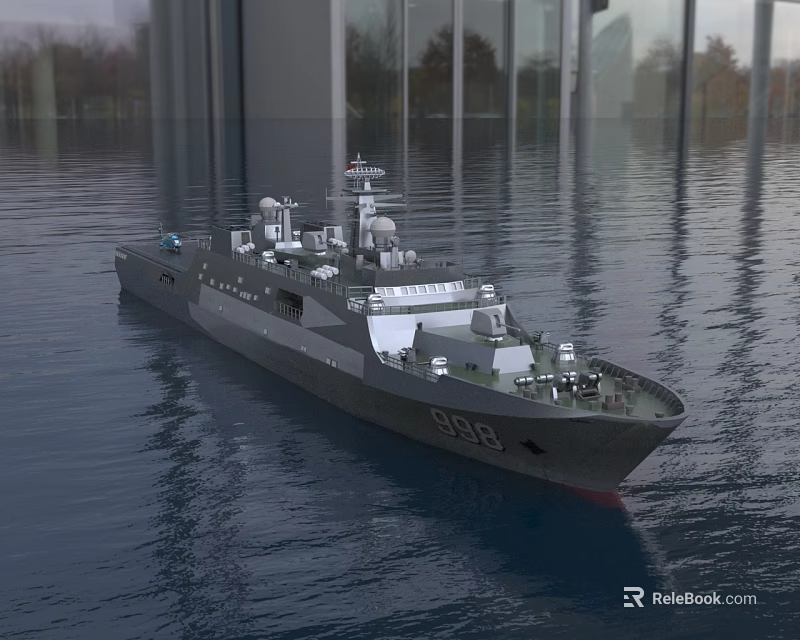 Modern Warship Floating on Water With Glass Buildings and Trees Background Displaying Number 888 3d model 