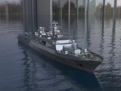 Modern Warship Floating on Water With Glass Buildings and Trees Background Displaying Number 888 3d model