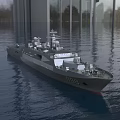 Modern Warship Floating on Water With Glass Buildings and Trees Background Displaying Number 888