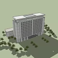 Modern Office Building With White Facade And Large Windows Under Blue Sky And Trees