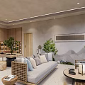 Hotel Lobby Interior With Wooden Table Bookshelves Green Plants And Tea Set