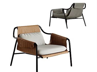 Brown And Gray Woven Leisure Chair With Black Metal Frame And White Cushion 3d model