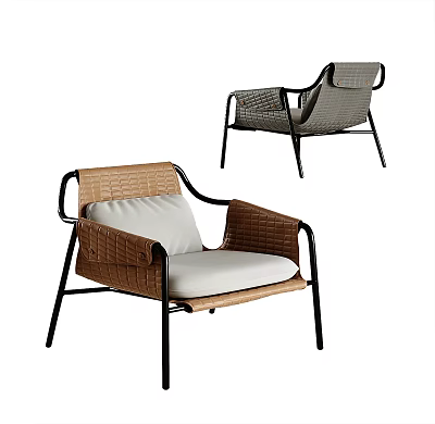 Brown And Gray Woven Leisure Chair With Black Metal Frame And White Cushion 3d model