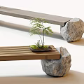 Landscape Benches with Wooden Slats and Stone Supports Featuring Small Potted Plants
