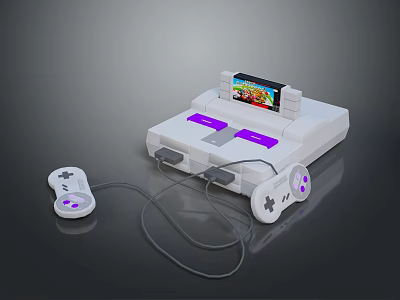 White Retro Gaming Computer With Dual Controllers Purple Buttons And Screen Displaying Game 3d model