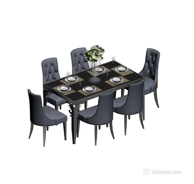 Dark Dining Table Set With Six Chairs Vase Flowers And Plates 3d model
