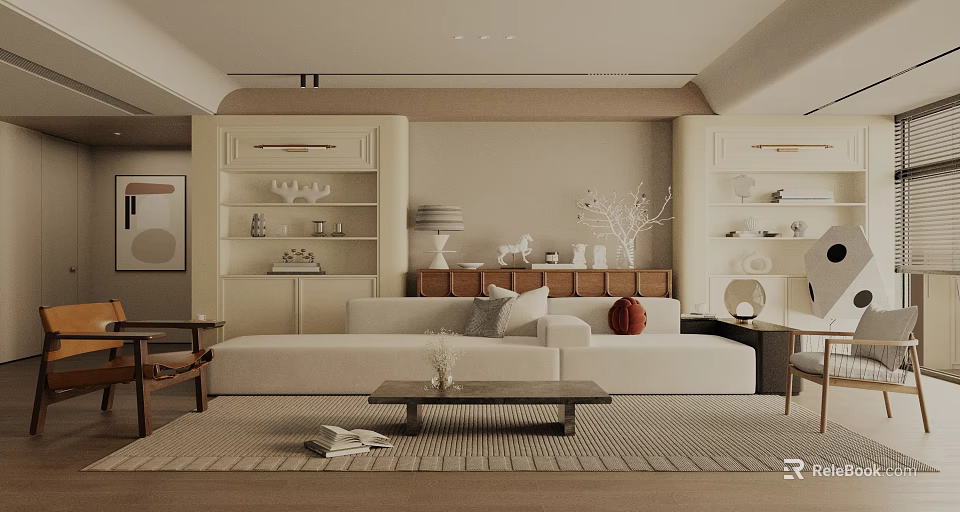 Modern Living And Dining Room With Beige Walls White Sofa Wooden Coffee Table And Decorative Bookshelves 3d model 