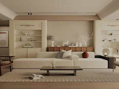 Modern Living And Dining Room With Beige Walls White Sofa Wooden Coffee Table And Decorative Bookshelves 3d model