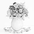 Transparent Glass Vase With Red Pink Roses Green Leaves And Petals On Wooden Table