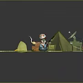 Cartoon Character In Green Grass Field With Green Tent Wooden Crates And Satellite Dish