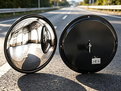 Black Circular Mirrors With Road Reflection And Small Device Placed On Road 3d model