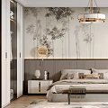Bedroom Interior With Bamboo Pattern Wallpaper Chandelier Bedside Tables Bed And Rug