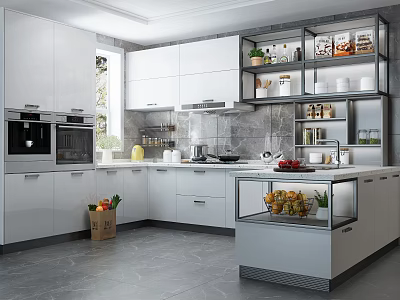 Modern Kitchen Interior With White Cabinets Open Shelves Island And Appliances 3d model