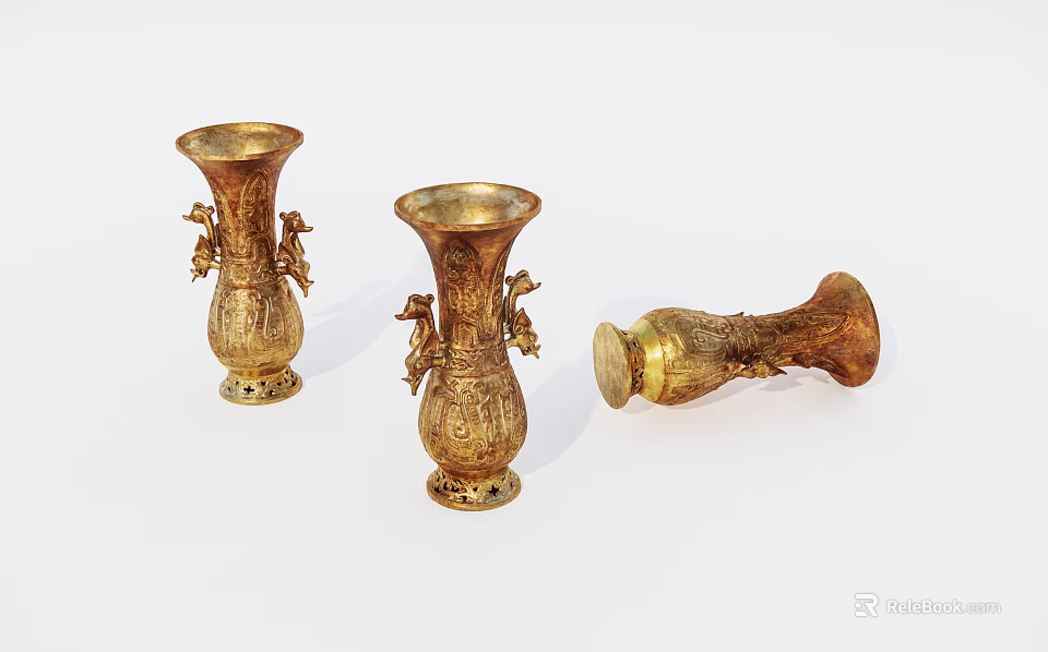 Decorative Ornament Set Featuring Three Golden Carved Vases with Intricate Designs 3d model 