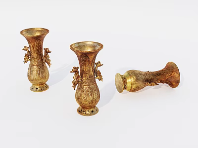 Decorative Ornament Set Featuring Three Golden Carved Vases with Intricate Designs 3d model