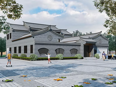 Ancient Architecture With Traditional Grey Brick Classic Roof Courtyard Stone Path People Walking And Trees 3d model